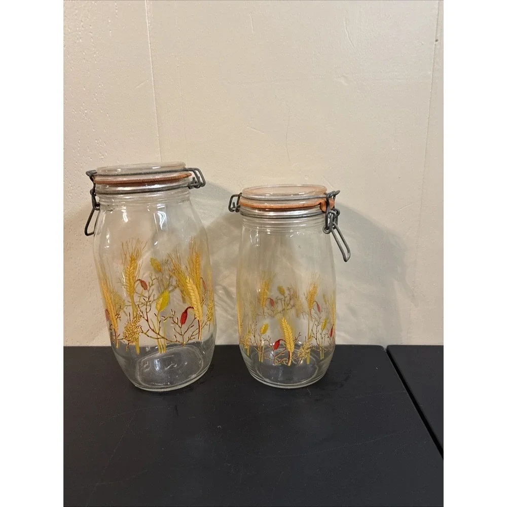 Arc France Vintage Glass 2 & 1.5Liter Jars Wheat Pattern Clamp Rubber Seal w Lid
